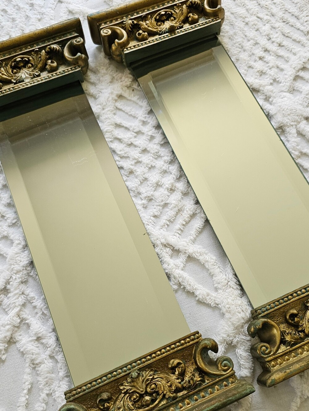 RARE VINTAGE MCM 2PC Beveled Gallery Mirrors in Gold Verdigaris Ornate Frames